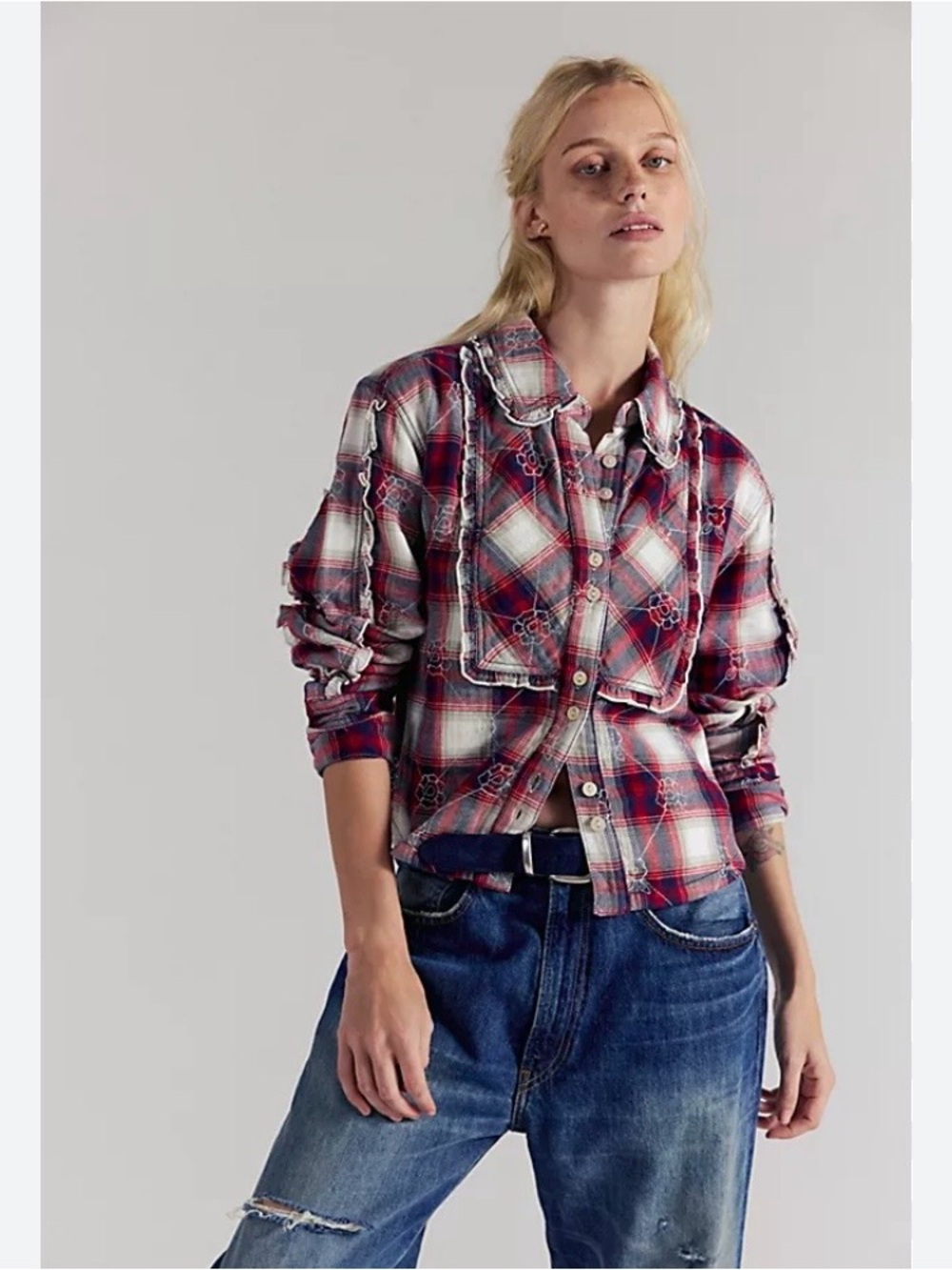 NWT Free People We the Free Georgia plaid embroidered button down XS reg $168 - Picture 3 of 8